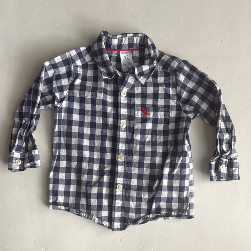 Carter's Dark Blue and White Checkered Button-Down Boys Shirt Size 12 Months